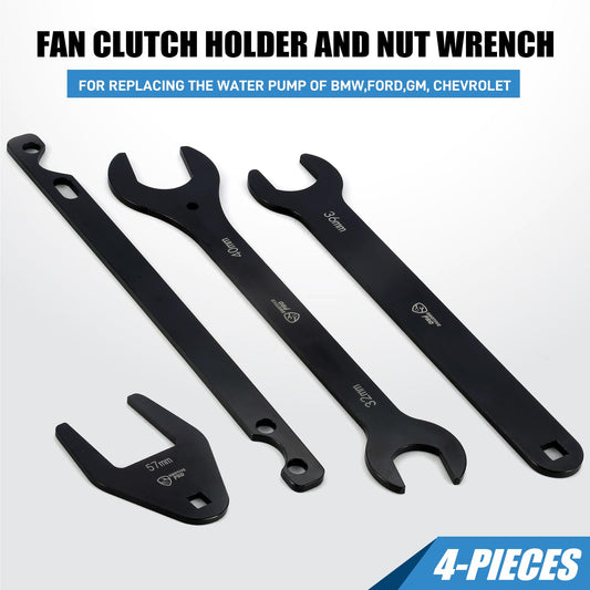 4-Piece Fan Clutch Removal Tool Kit, 32mm 36mm 40mm 57mm Fan Clutch Wrench and 15" Water Pump Pulley Holder Removal Tool for BMW, Ford, GM, Dodge,Jeep