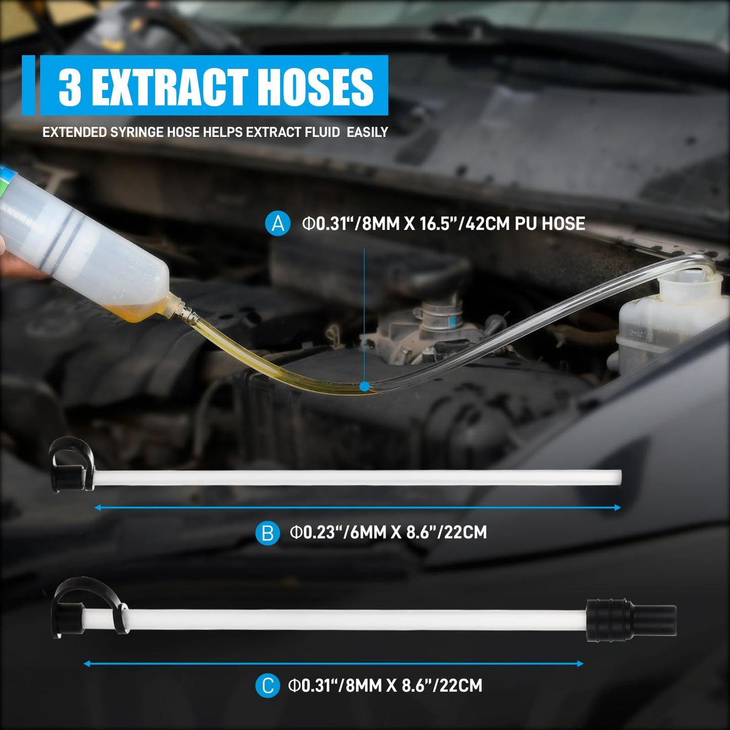 500CC Fluid Extractor Pump, Automotive Fluid Change Syringe with a 42CM PU Long Hose & 2pcs 22CM PVC Extension Tubes