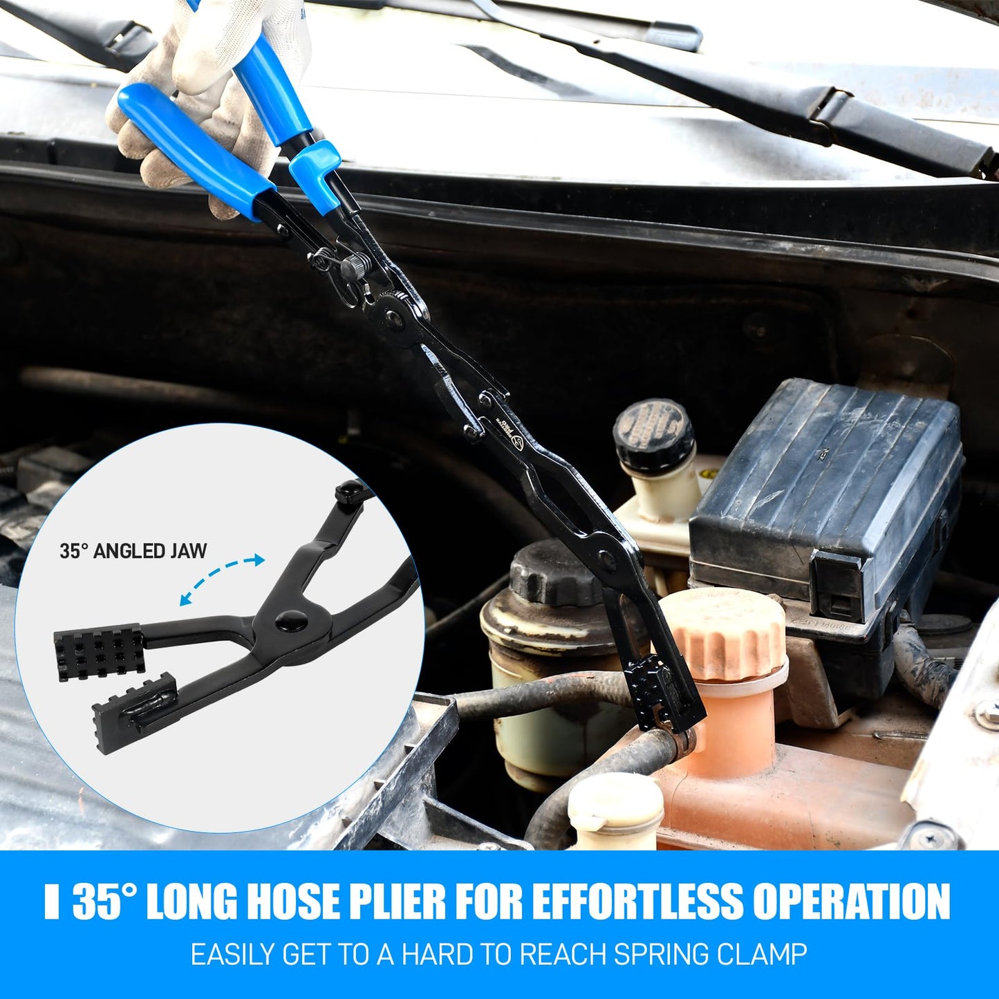 35 Degree Long Hose Clamp Pliers with Locking Mechanism, Extra Long Reach Hose Clamp Pliers for Hard-to-Reach Hoses