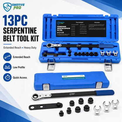 13-Piece Extended-Reach Ratcheting Serpentine Belt Tool Kit