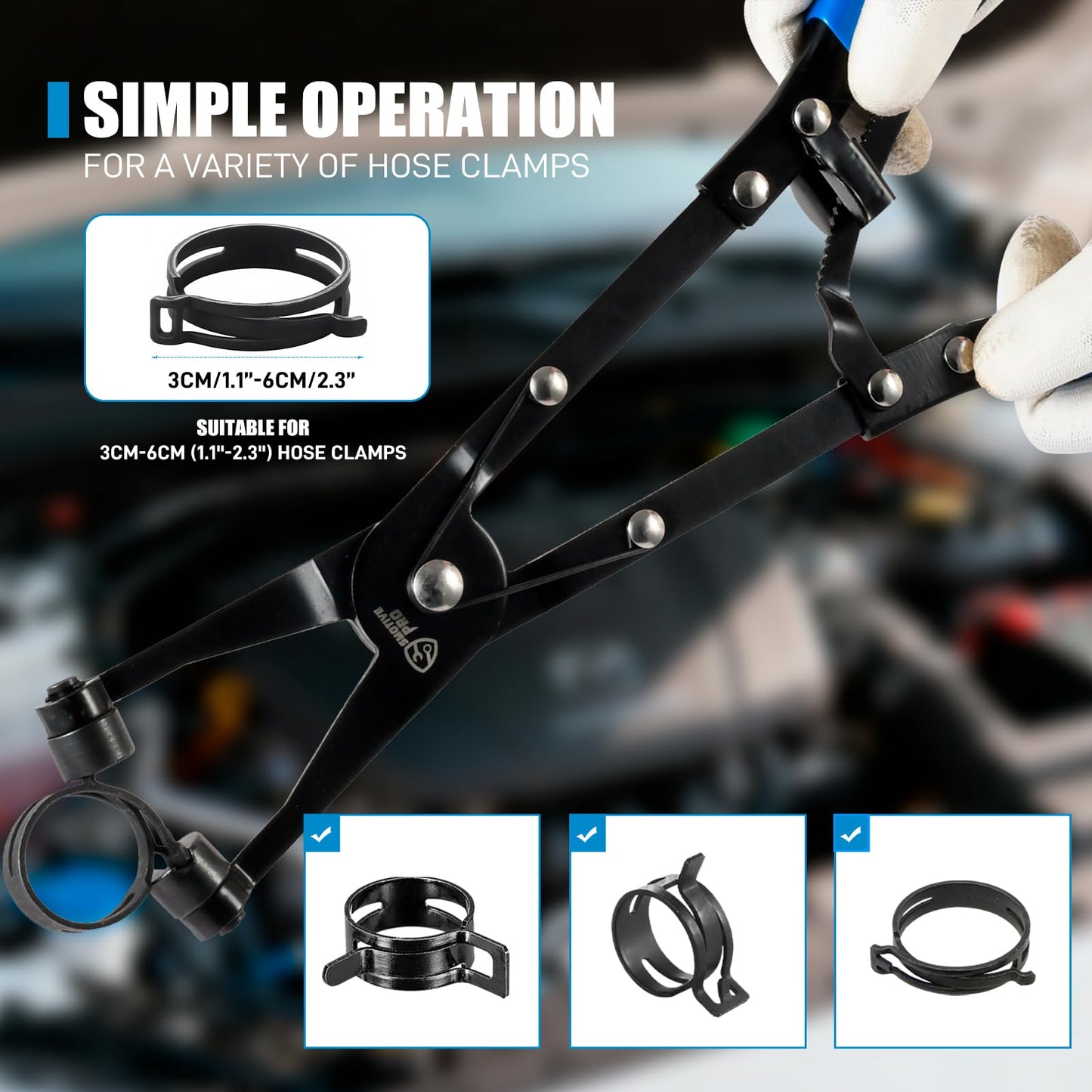 3-Piece Hose Clamp Pliers Set with Locking Assist - 45°/90°/Straight Heads & Rotatable Clamp Jaw - Professional Hose Clamp Tool for 1.1"-2.3" (3-6cm) Hose Clamps