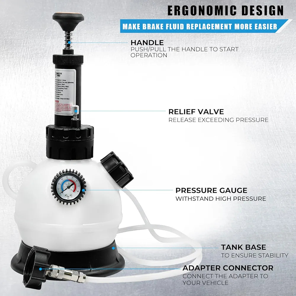 2L Manual Brake Bleeder Fluid Pump, One Man Professional Brake Bleeder Kit Suitable for Most European Brake Mast Cylinder Reservoirs