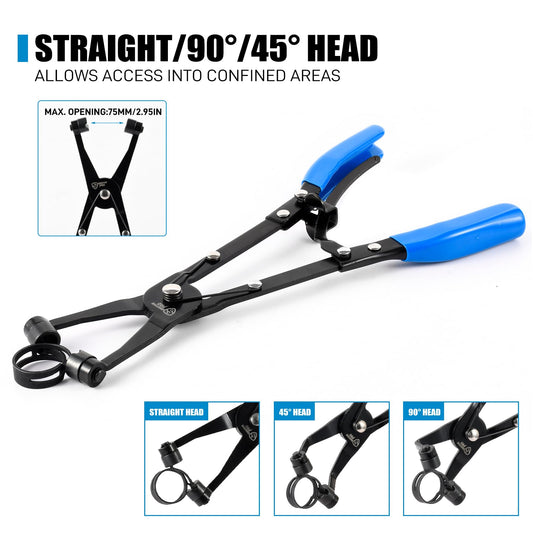 3-Piece Hose Clamp Pliers Set with Locking Assist - 45°/90°/Straight Heads & Rotatable Clamp Jaw - Professional Hose Clamp Tool for 1.1"-2.3" (3-6cm) Hose Clamps