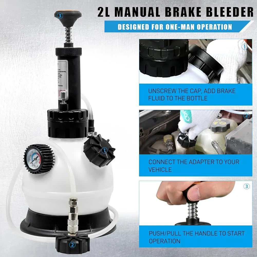 2L Manual Brake Bleeder Fluid Pump, One Man Professional Brake Bleeder Kit Suitable for Most European Brake Mast Cylinder Reservoirs