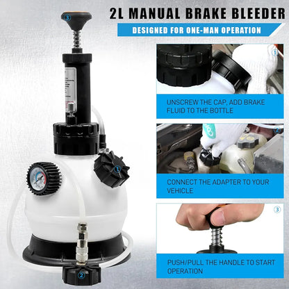 2L Manual Brake Bleeder Fluid Pump, One Man Professional Brake Bleeder Kit Suitable for Most European Brake Mast Cylinder Reservoirs
