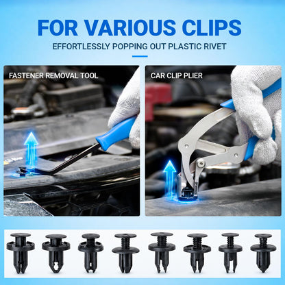 Automotive clip pliers and fastener remover applications
