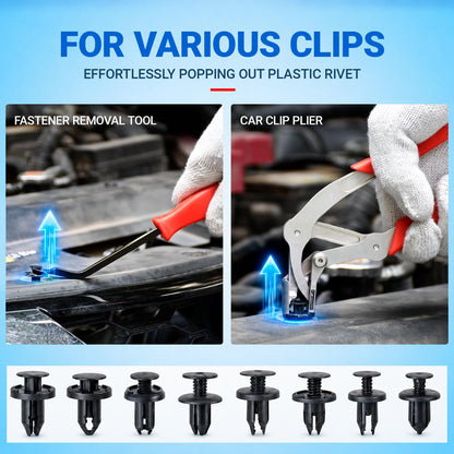 Red car clip pliers and angled pry tool for common plastic fasteners