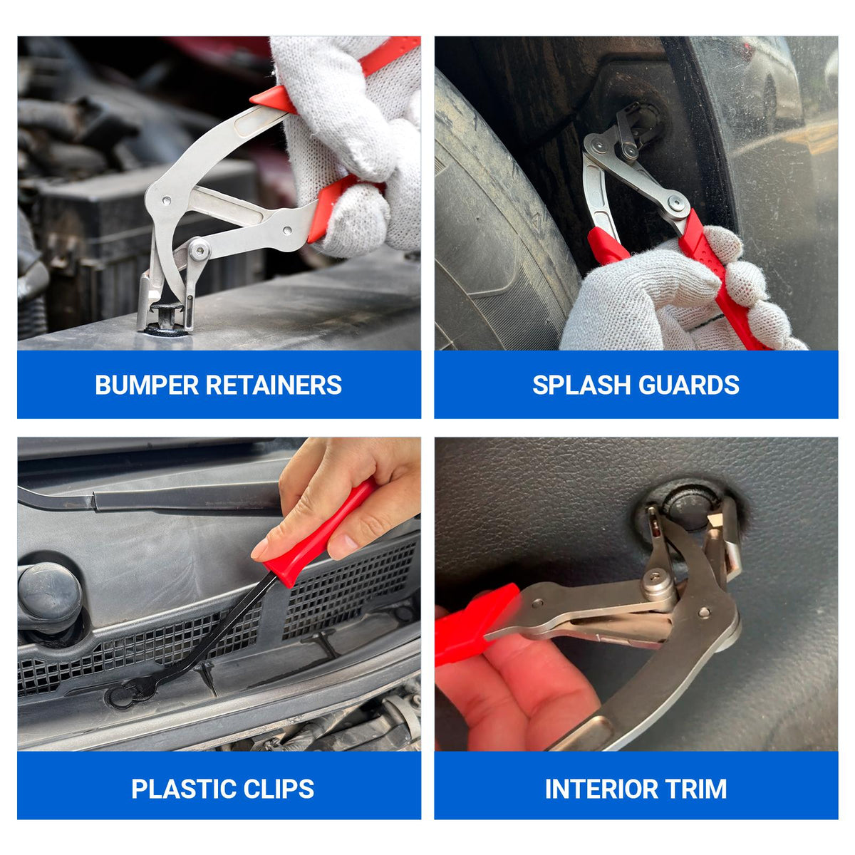 Red automotive clip removal tools for bumper retainers, splash guards, plastic clips, and interior trim