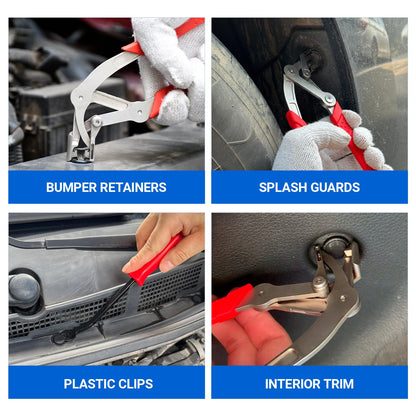 Red automotive clip removal tools for bumper retainers, splash guards, plastic clips, and interior trim